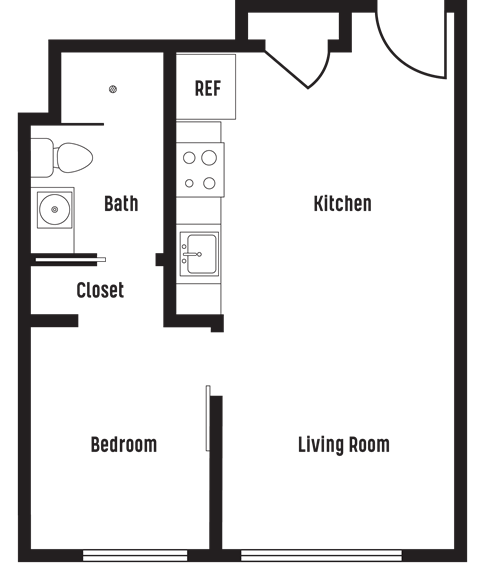 Floor plan for 1 bed, 1 bath, 512 sqft
